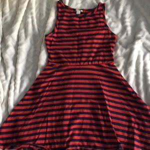red and blue striped dress
